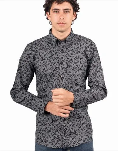 Camisa Manga Larga Gris Con Flores Negras – Moldería informal