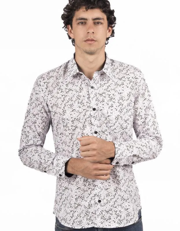 Camisa Manga Larga Estampada Rosas Grises Hojas Negras – Moldería slim
