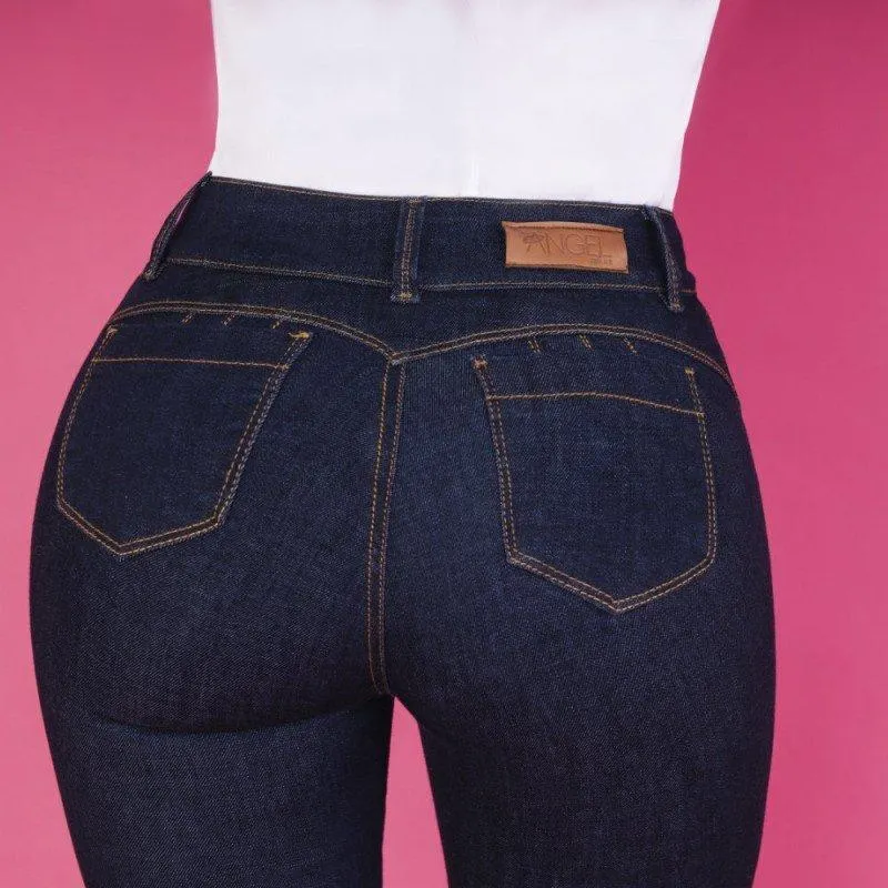 Jean Tiro Alto, Ochentero ,Licrado Bota Tubo Con Bolsillos , Extra Realce/Levanta Cola