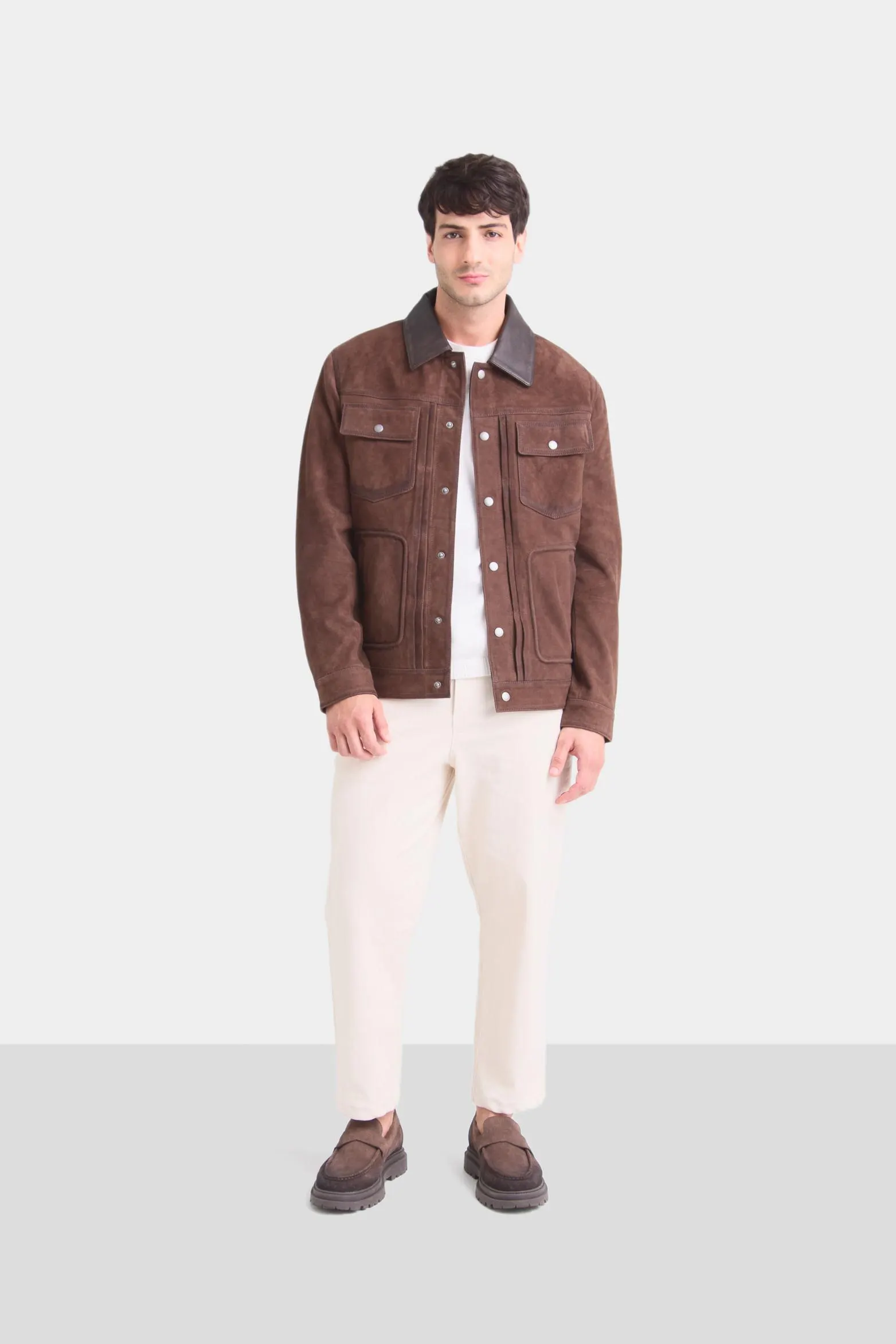 Chaqueta aron en gamuza para hombre detalle cuero