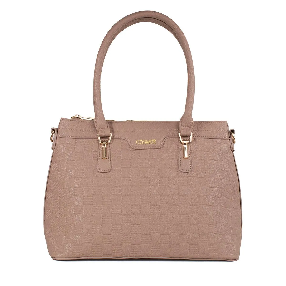 Bolso tipo shopping color taupe con patrón de cuadrados