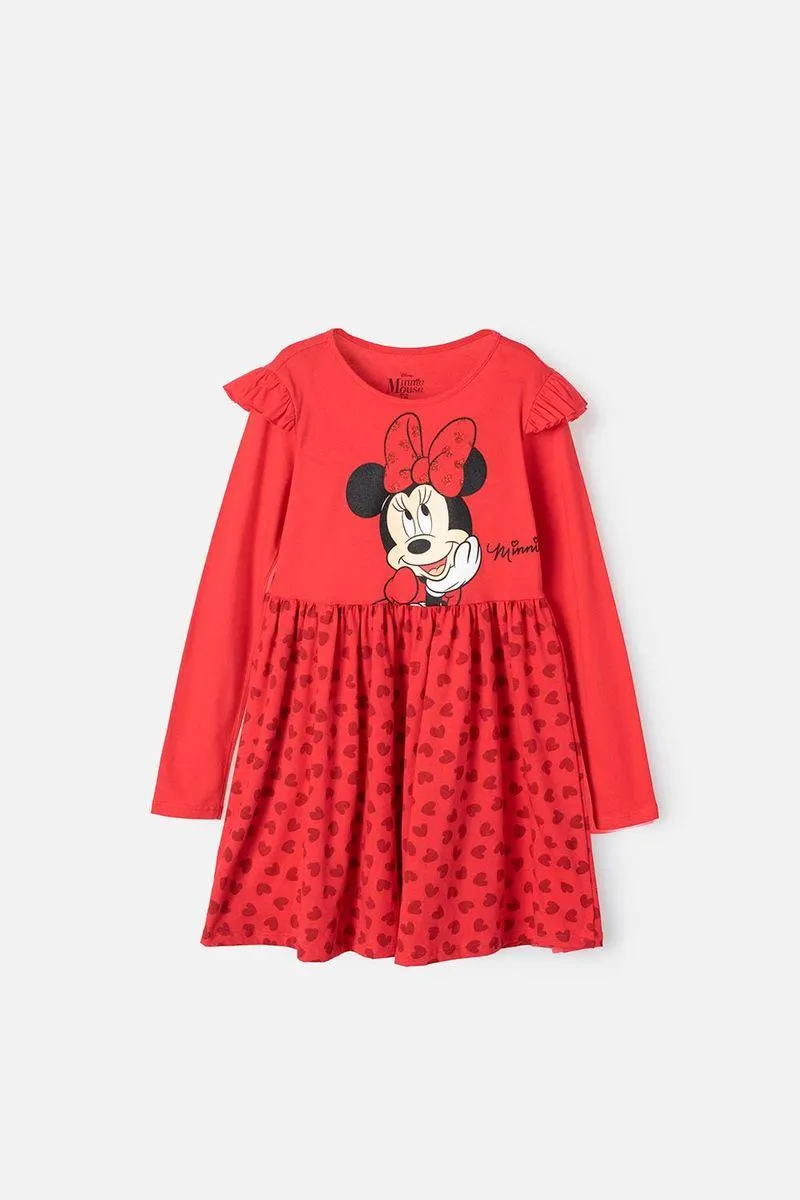 Vestido de Minnie Mouse rojo manga larga para niña