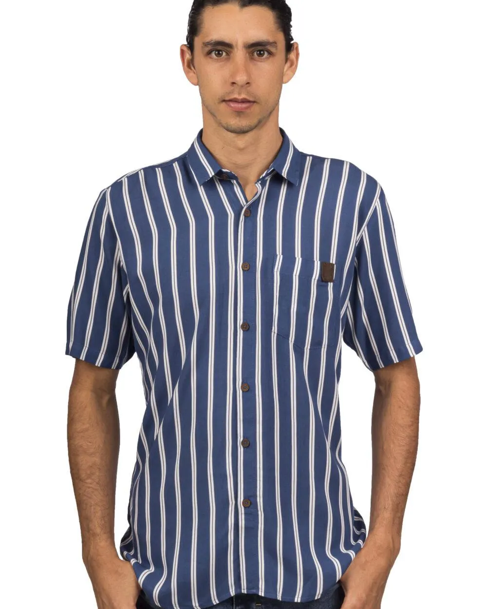 Camisa Azul Manga Corta en Chalis Rayas Blancas – Moldería slim
