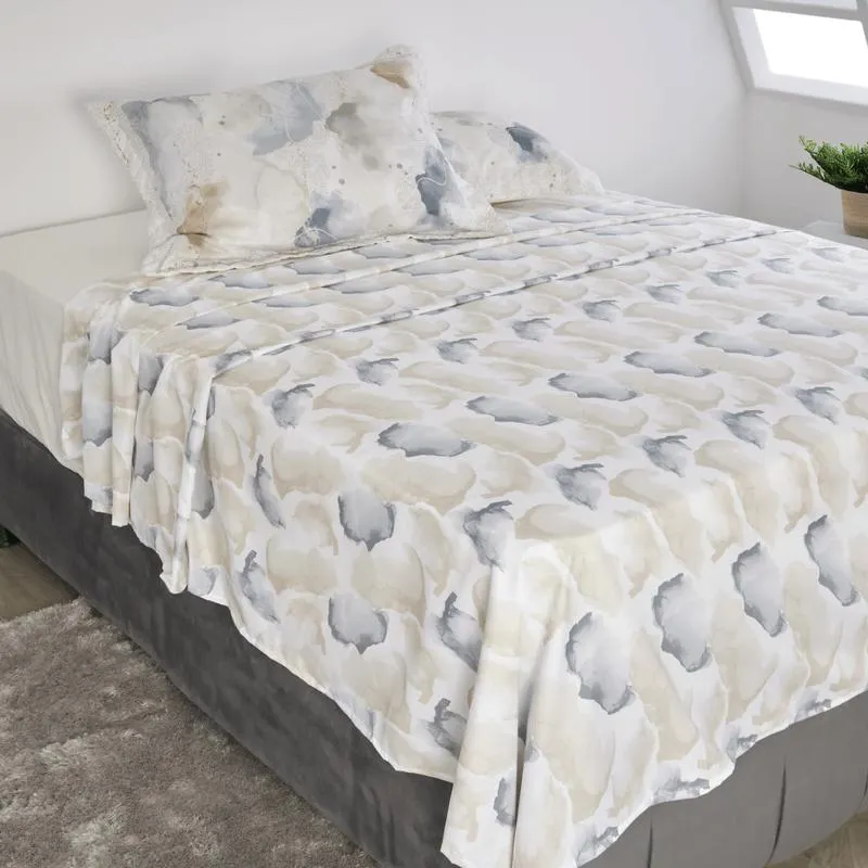 Juego de sábanas estampado/unicolor piedra b/marfil