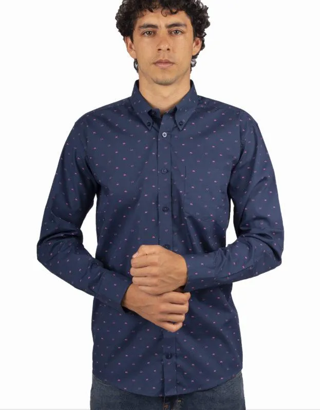 Camisa Manga Larga Azul Oscura Estampado Rinocerontes Fucsia – Moldería informal