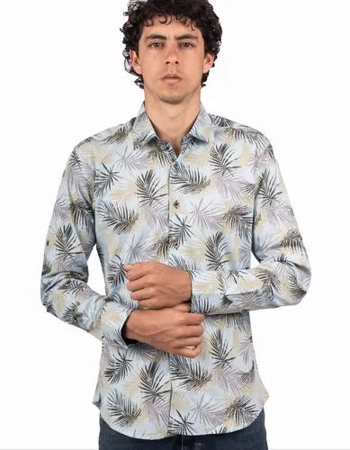 Camisa Manga Larga Diseño Azul Claro Estampado Hojas de Palma – Moldería slim