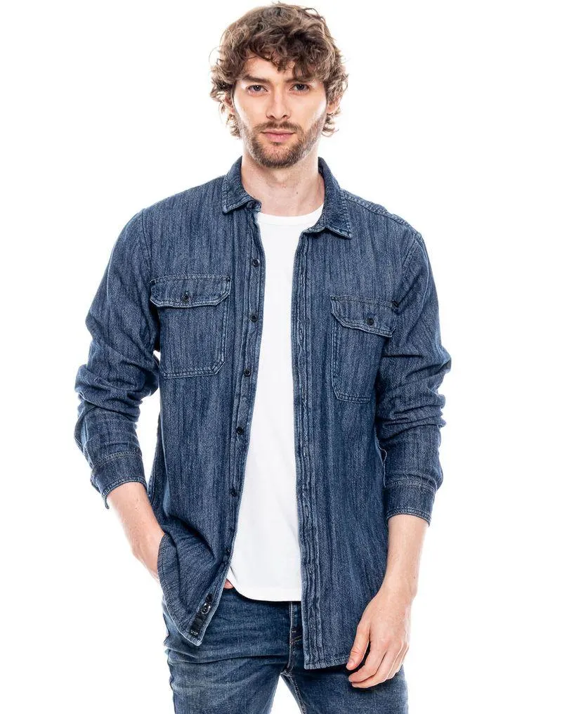 Camisa Manga Larga En Denim Con Bolsillos Delanteros