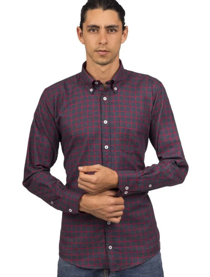 Camisa de Cuadros Azul Rayas Rojas Manga Larga – Moldería informal