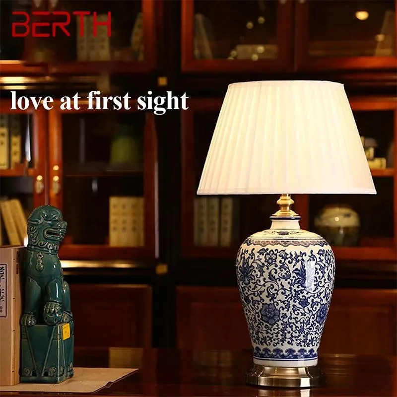 BERTH Modern Ceramics Table Lamps LED Dimming Chinese Blue And White Porcelain Desk Light for Home Living Room Bedroom