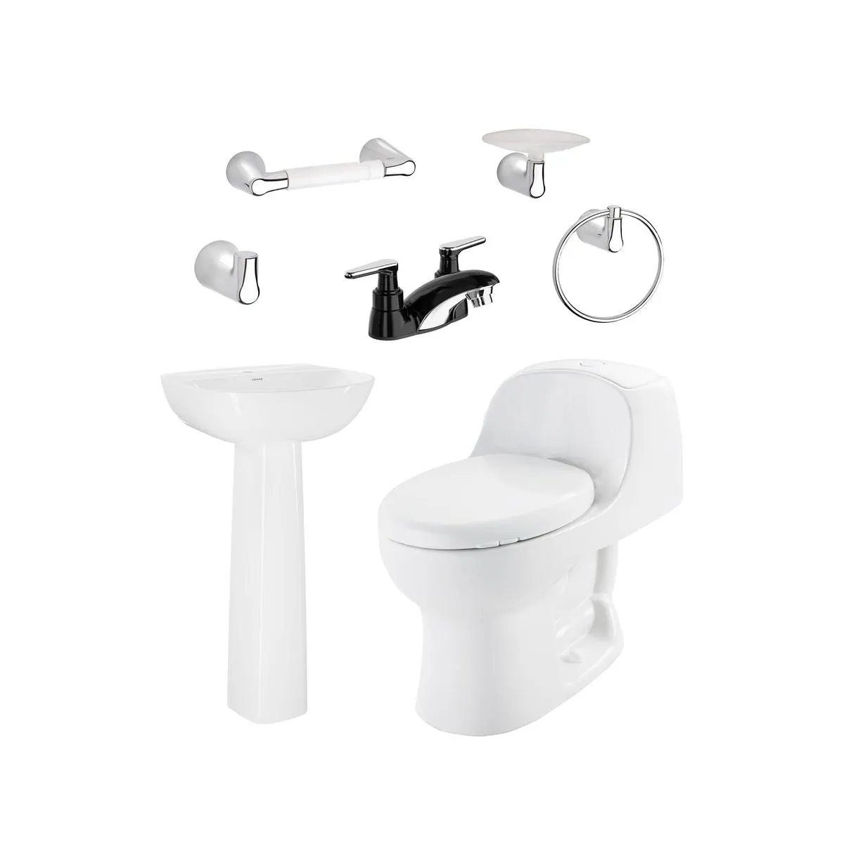 Combo Montecarlo Advance II: Sanitario con taza redonda, lavamanos con pedestal, grifería negra y accesorios x4.