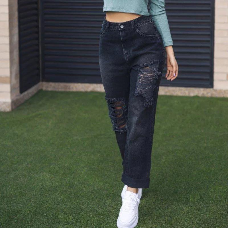 Jean Tiro Alto, Silueta Boyfriend Con Destroyed