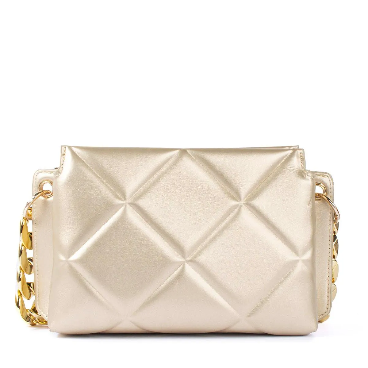 Bolso tipo bandolera color dorado con acolchonado de rombos