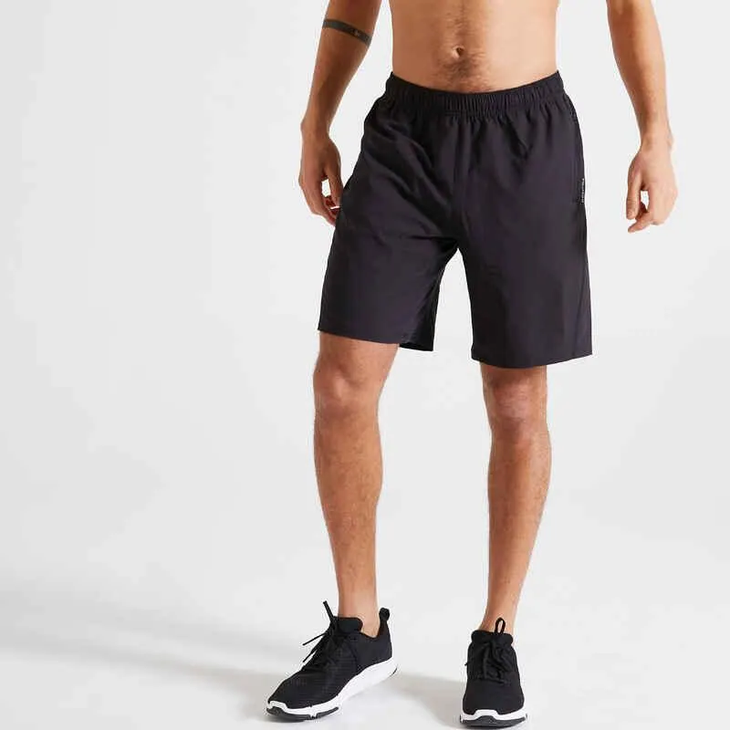 Pantaloneta Fitness Essential Hombre Negro Liso Transpirable Bolsillos Con Cremalleras