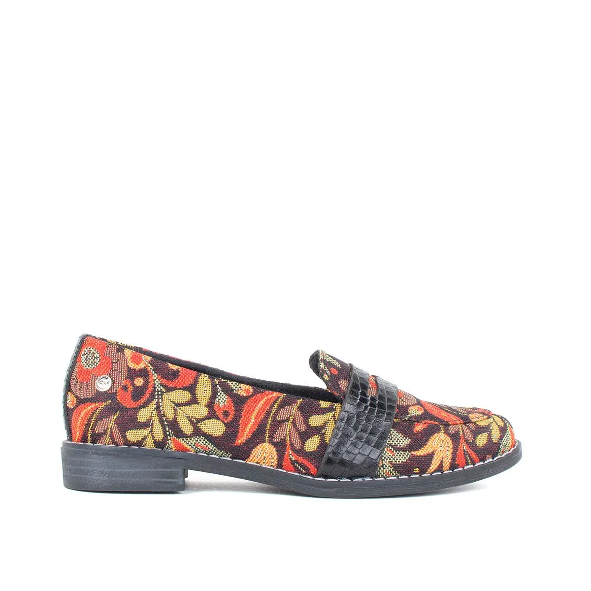 Mocasines en tela con antifaz de cuero tipo croco