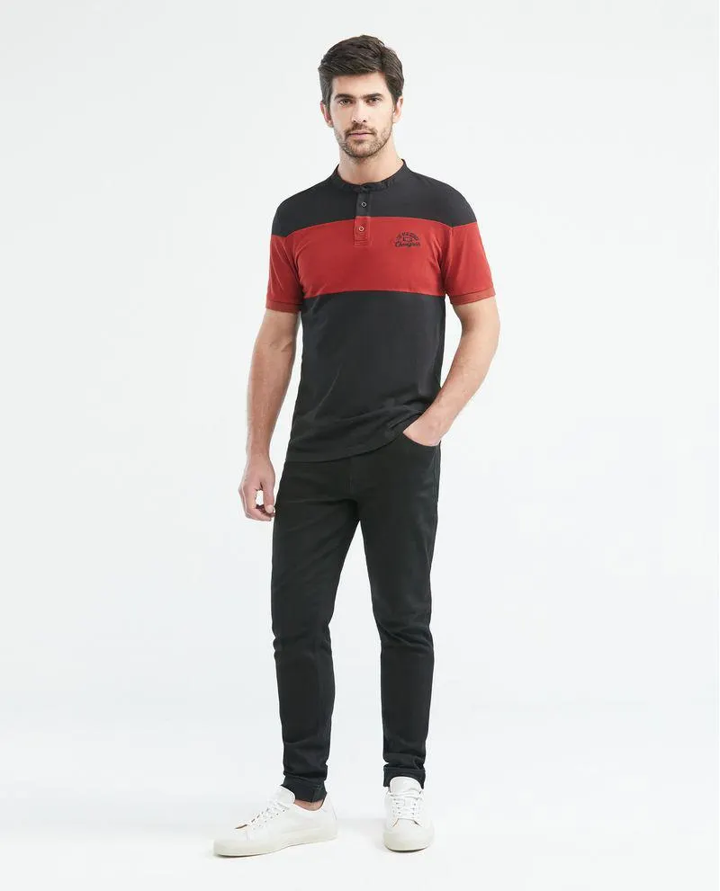 Camiseta de Hombre Tipo Polo, Slim Fit Manga Corta - Cuello Nerú + Bloques en Contraste