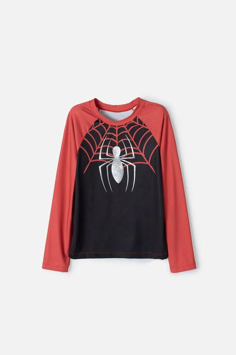 Camiseta de baño de Spiderman manga larga negro y rojo para niño