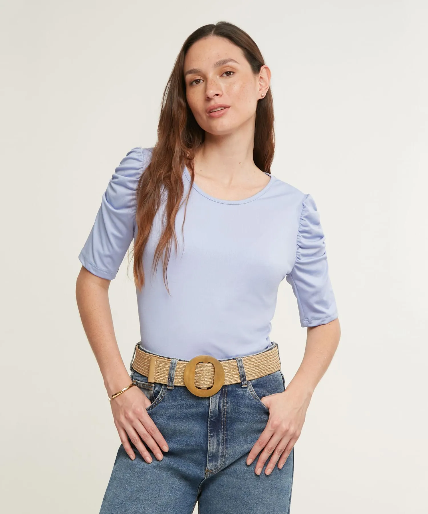 Camiseta Manga Corta Unicolor Con Ruche Amarillo