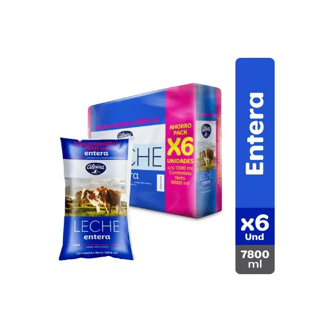Leche Entera Alpina x6 Und Bolsa 1300 ml