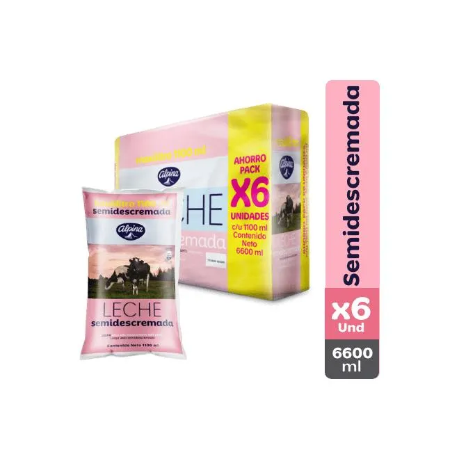 Leche Semidescremada Alpina x6 Und Bolsa 1100 ml
