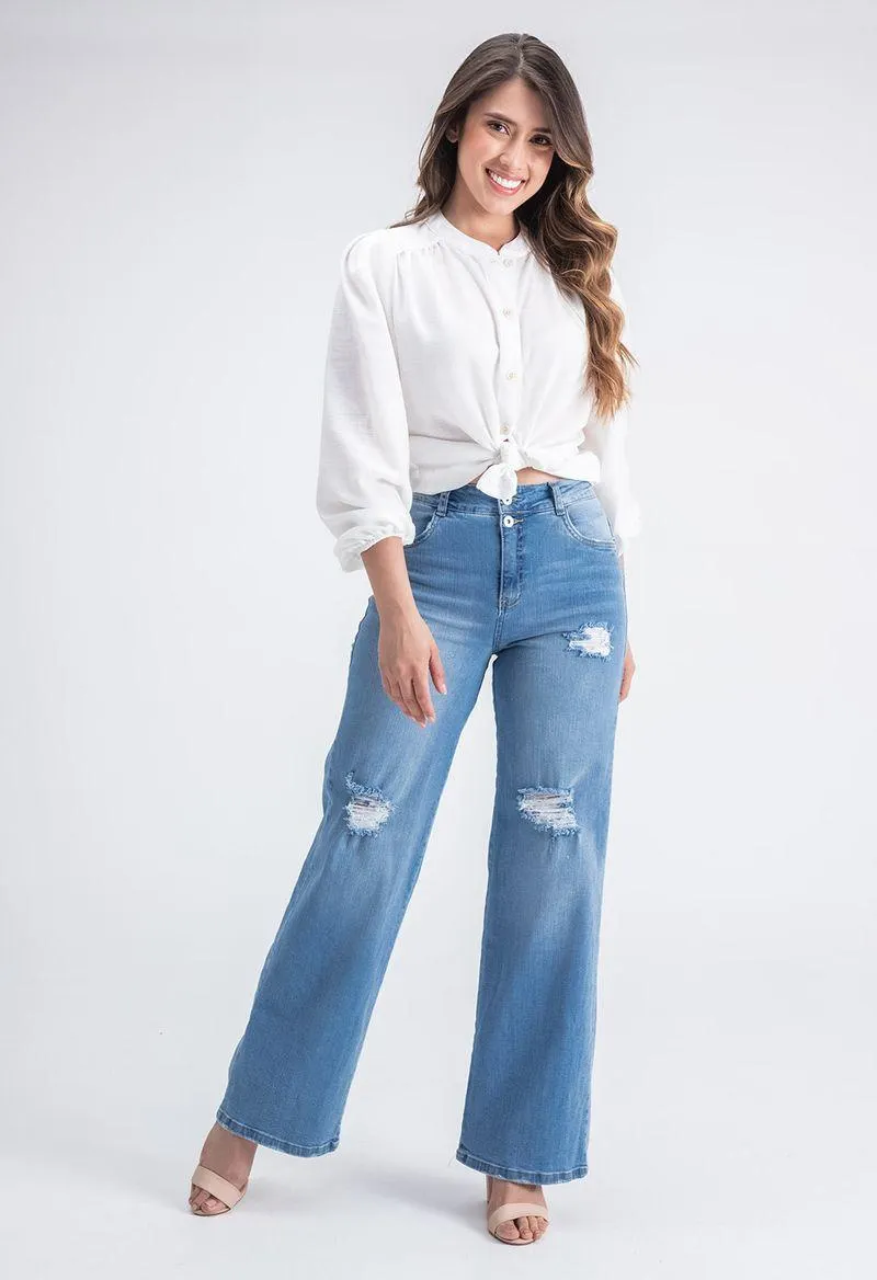 Jean vaquero tiro alto bota recta con bolsillos