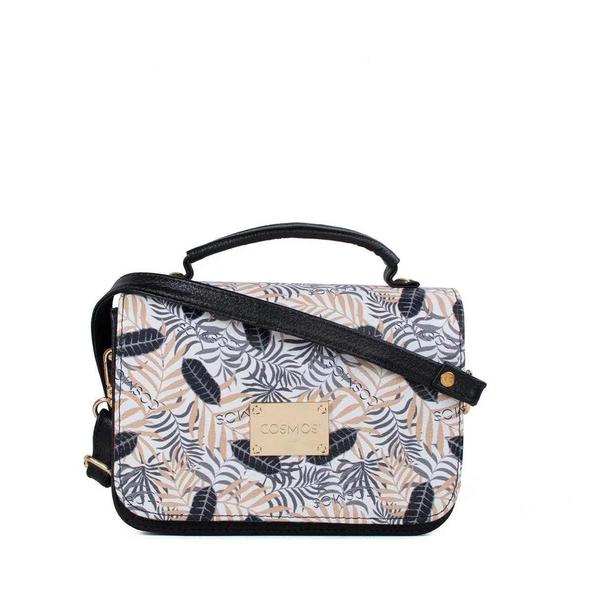 Bolso bandolera de cuero color negro con estampado frontal