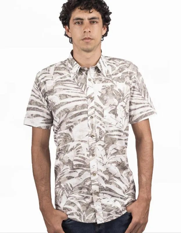 Camisa Manga Corta Blanca Estampado Hojas Gris Verdoso – Moldería informal