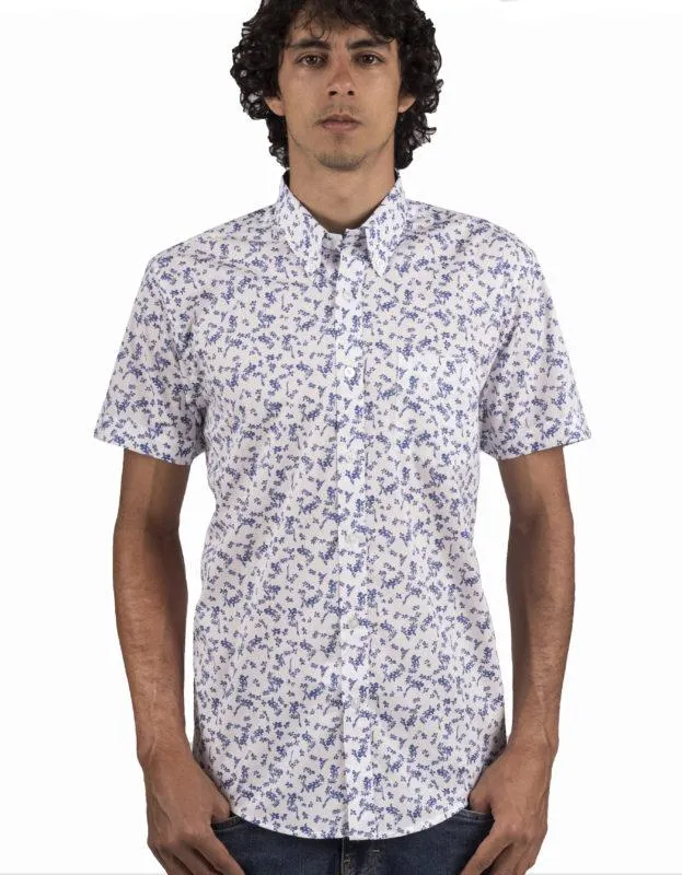 Camisa Manga Corta en Algodón Blanca Estampado Naturaleza Azúl – Moldería informal