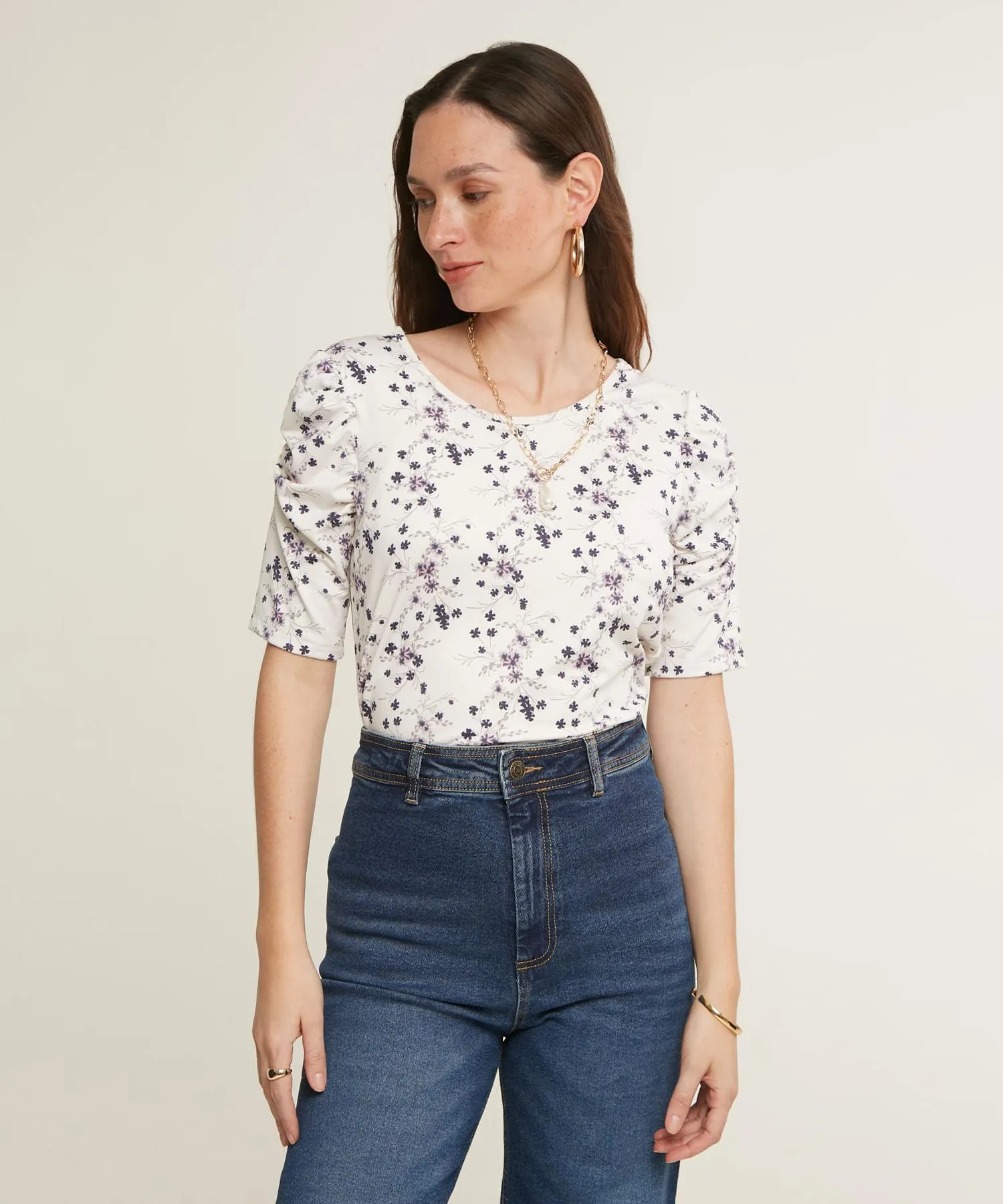 Camiseta Manga Corta Con Ruche Estampada