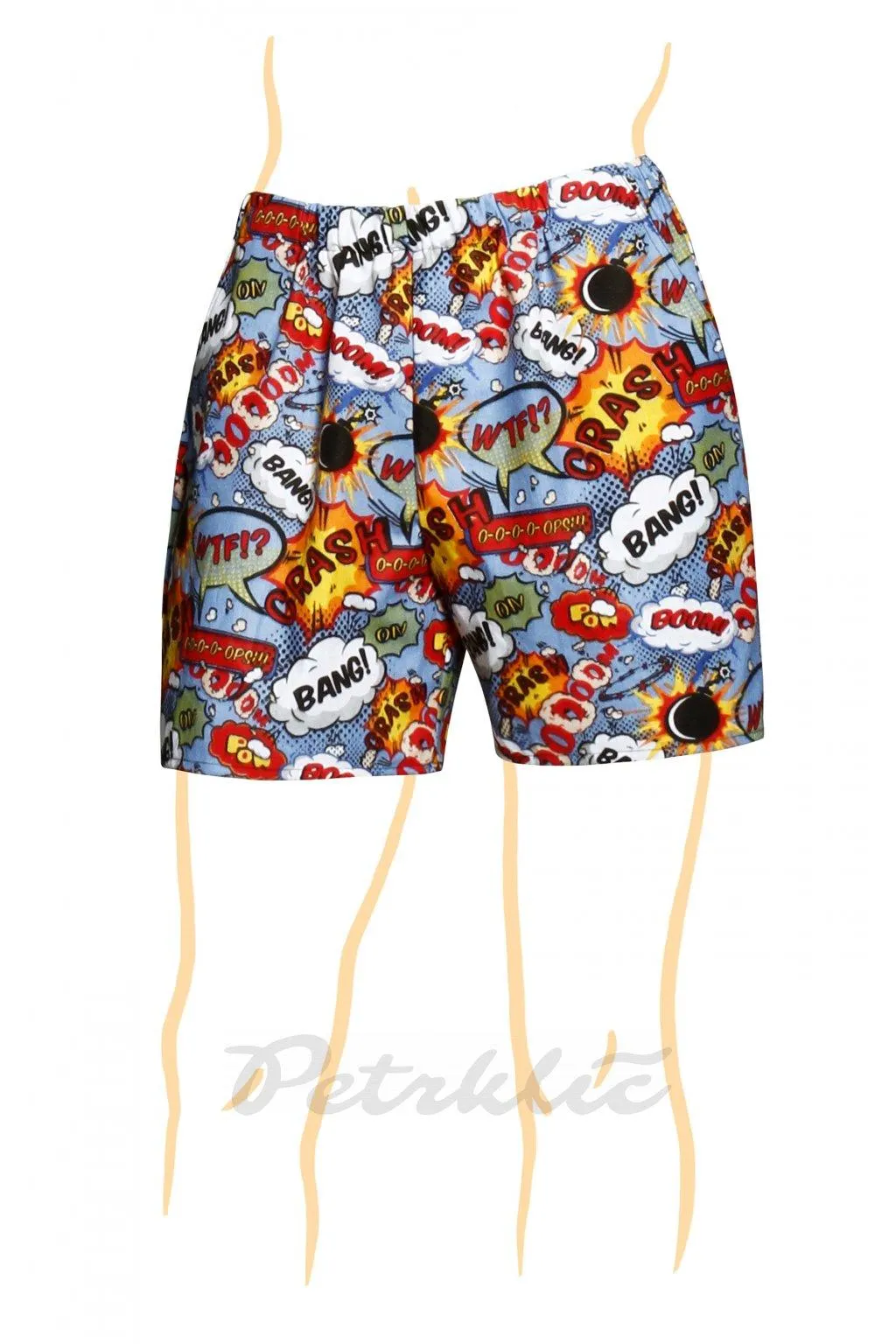 Komiksové bavlněné bermudy v délce 45 cm nebo 55 cm nebo 77 cm