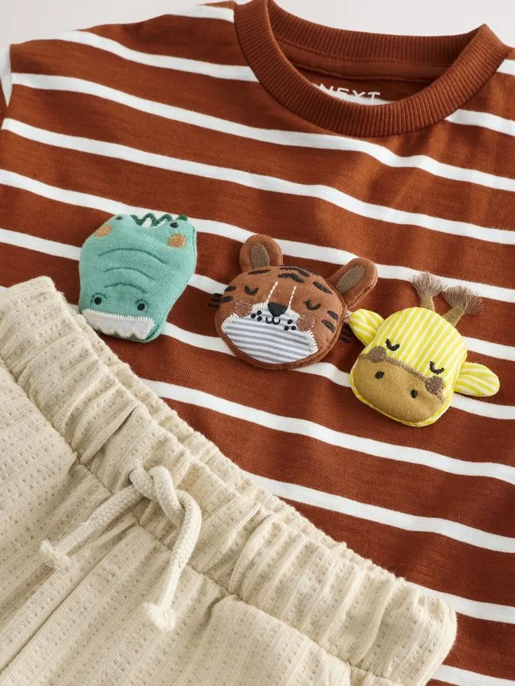 Rezavě hnědý pruhovaný vatovaný zvířecí potisk - Krátký rukáv Tričko a šortky (3mths-7yrs)