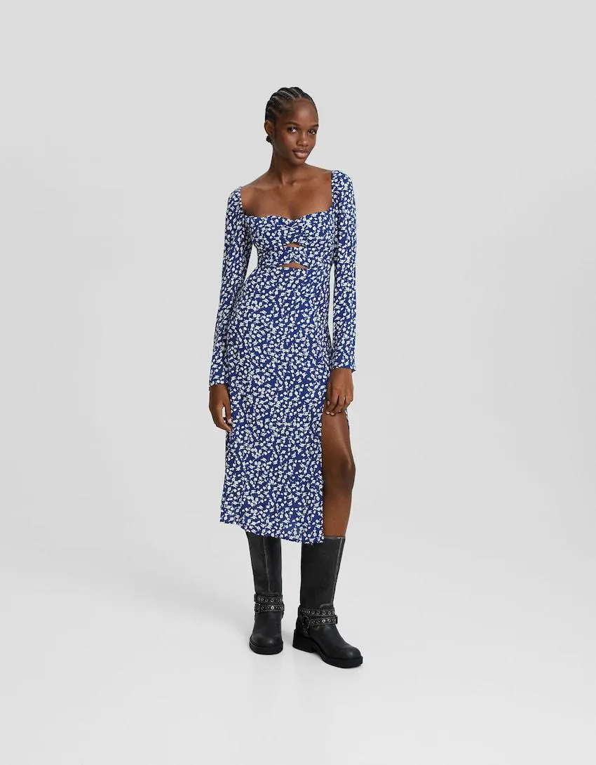 Midi šaty s dlouhými rukávy, květinovým potiskem a detailem cut out
