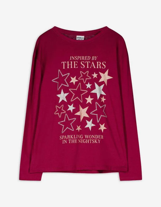 Tričko s dlouhým rukávem - Třpytivý potisk - tmave cervená