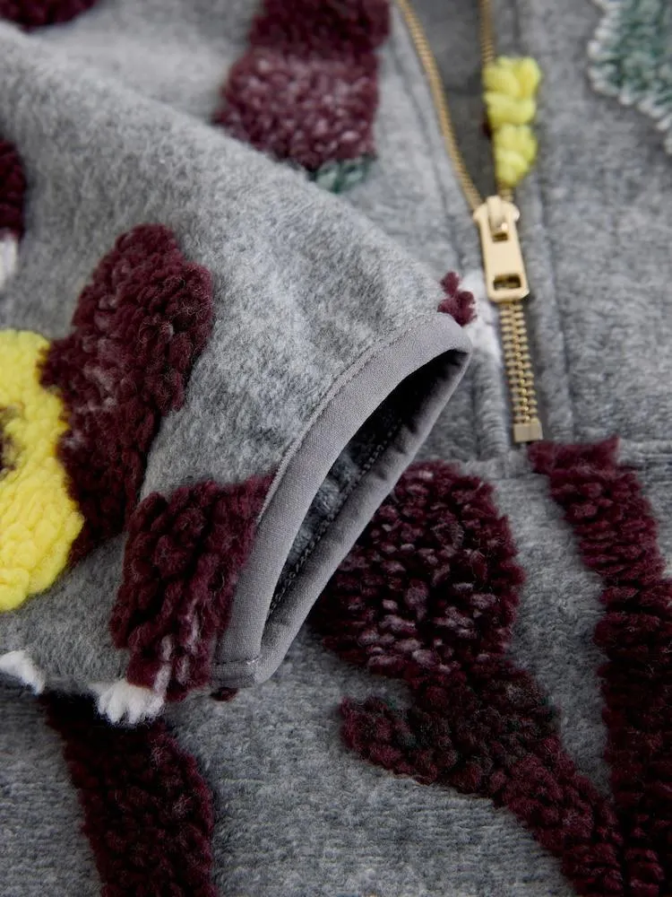 Šedý květinový žakár - Květinové žakárová Látka borg Mikina s polovičním zipem u krku