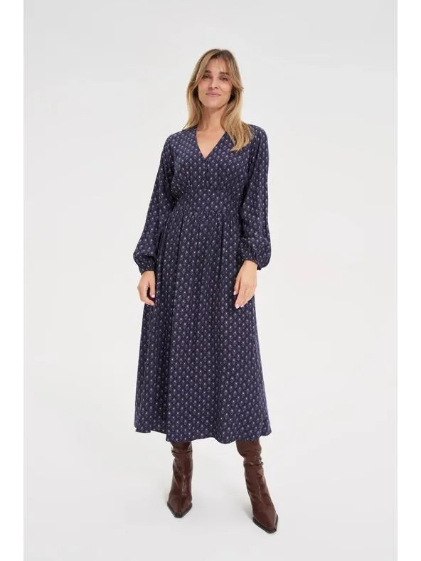 Dlouhé modré šaty s dlouhými rukávy Moodo