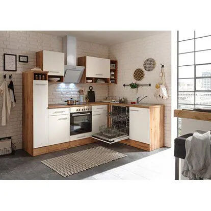 Respekta Kuchyně Hilde L bílá/dub 250 cm-trouba+sklokeramická d./digestoř/myčka