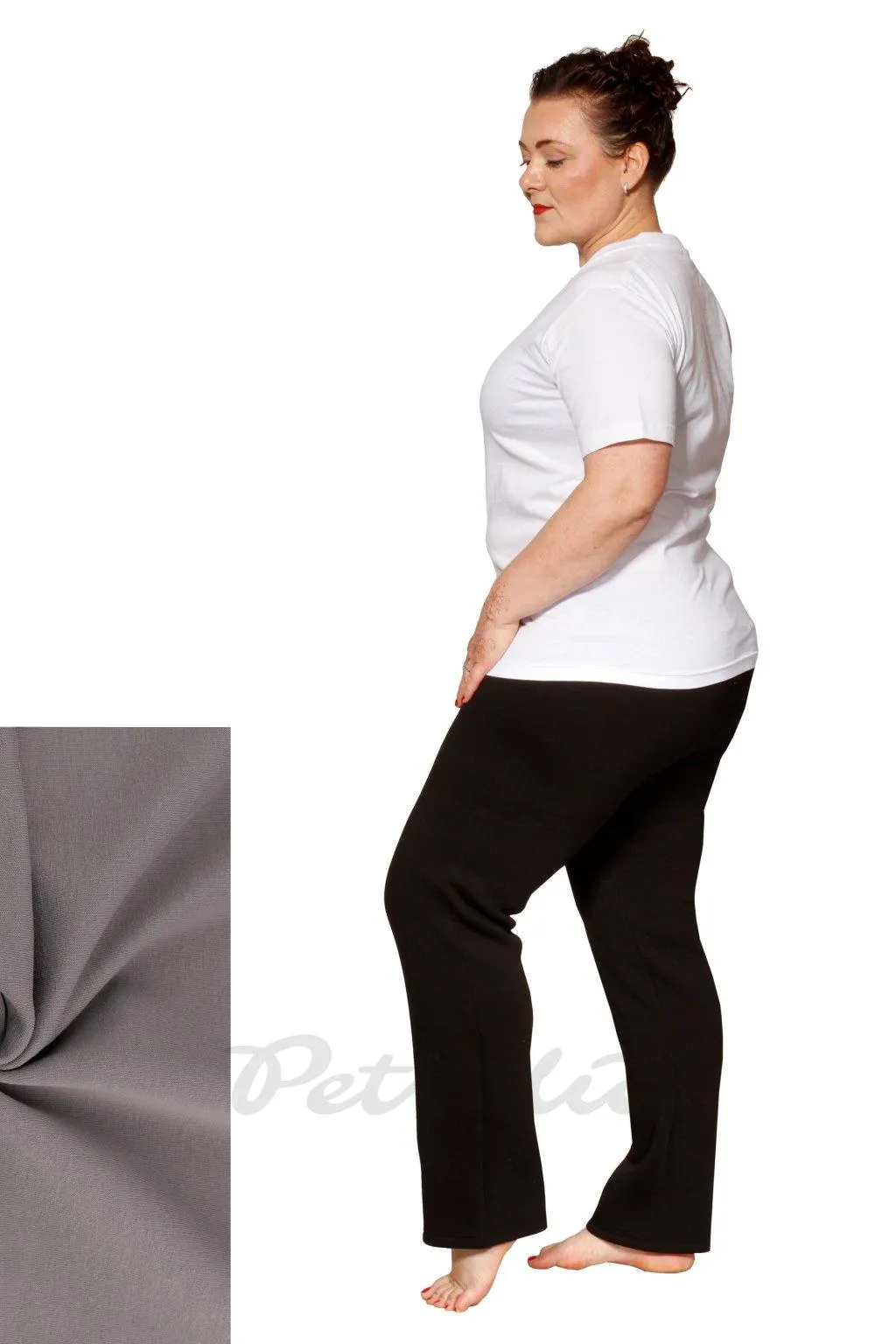 Šedé volnočasové kalhoty z počesané teplákoviny - volba výšky pasu a délky