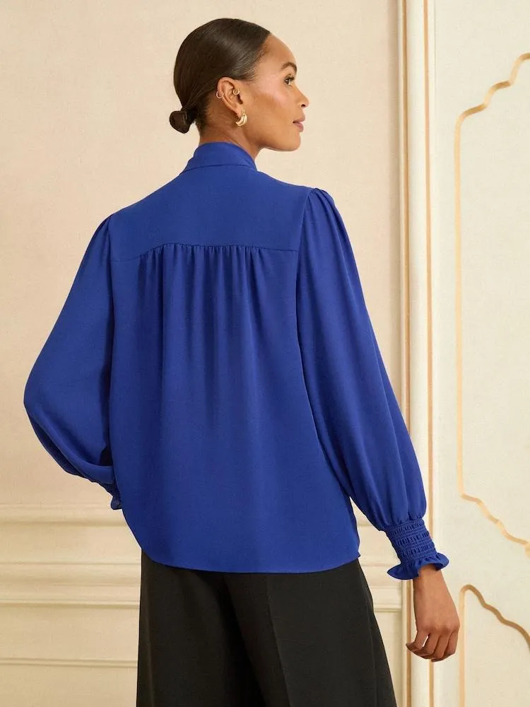 Kobaltová modř - Love & Roses halenka s mašlí a Dlouhý rukáv