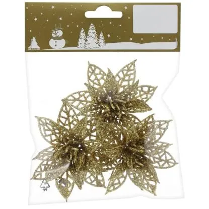 Vánoční dekorace květiny k pomalování, třpytivá zlatá, 3 ks