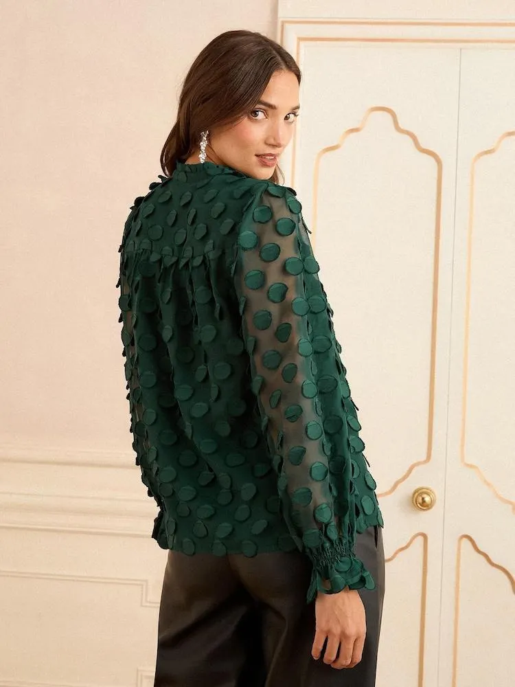 Tmavě zelená - Love & Roses 3D puntíkovaná halenka s dlouhým rukávem