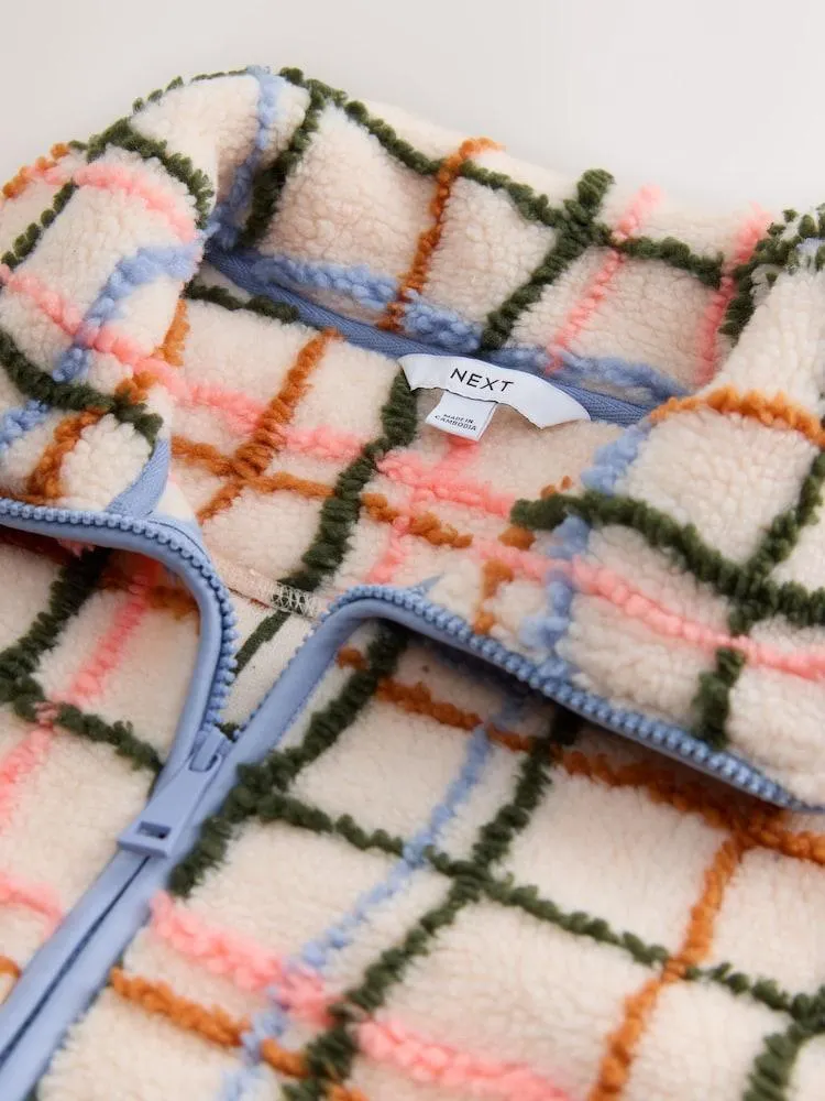 Růžová/ Barva Ecru Kostkovaný vzor - Měkká na dotek pohodlná plyšová flísová mikina s čtvrtinovým zipem a Látka borg