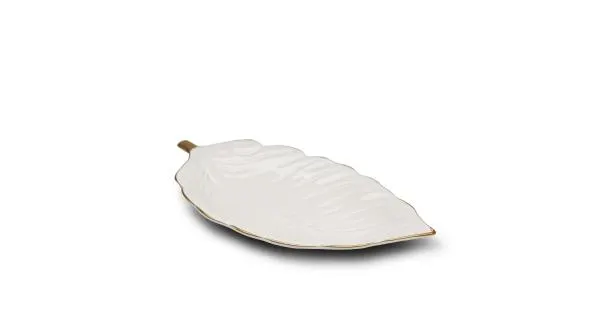 Dekorativní keramický talíř ve tvaru listu, krémová, 30 cm DOPRODEJ