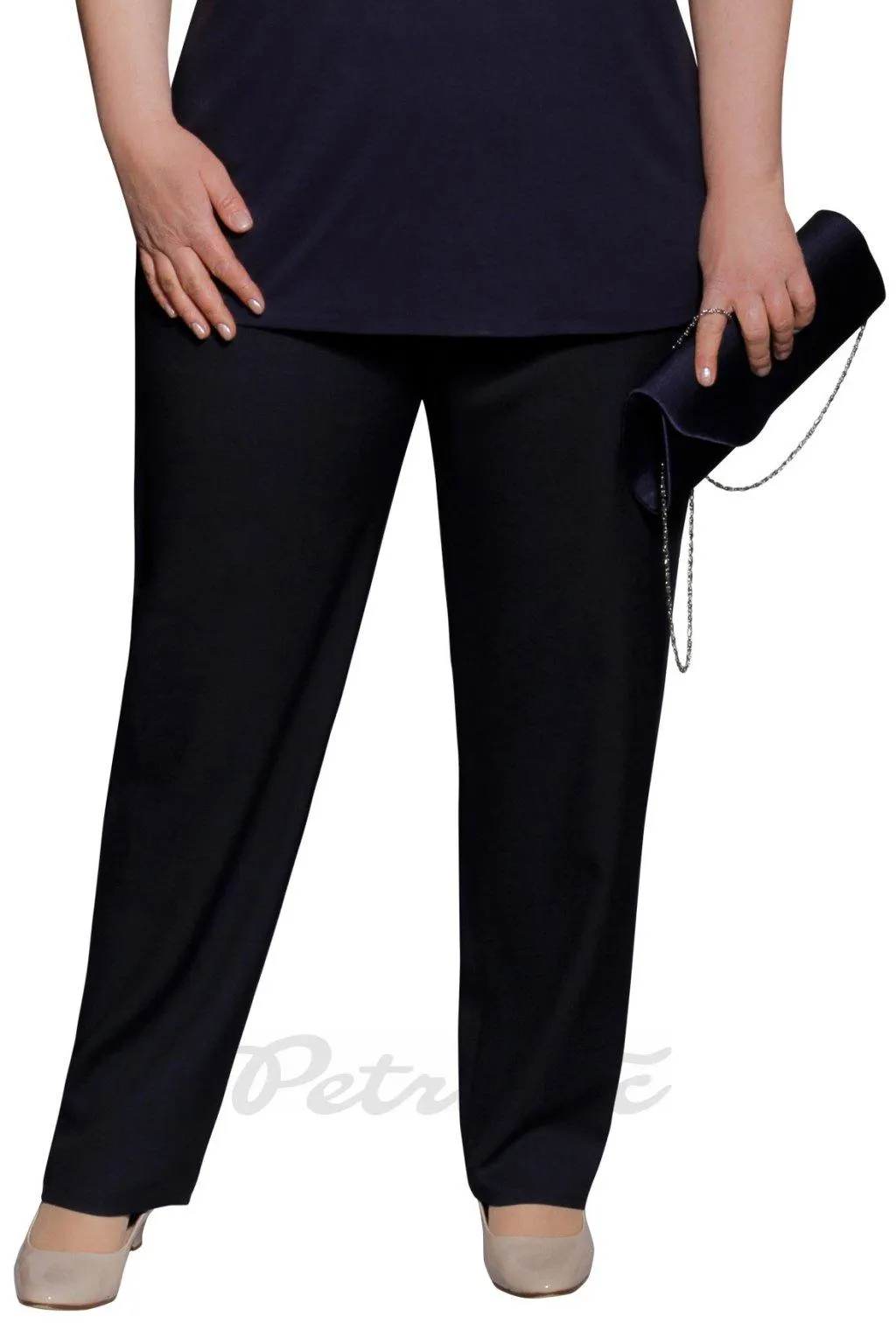 Látkové kalhoty pas do gumy, boční zip, knoflík - OLÍVIE 1