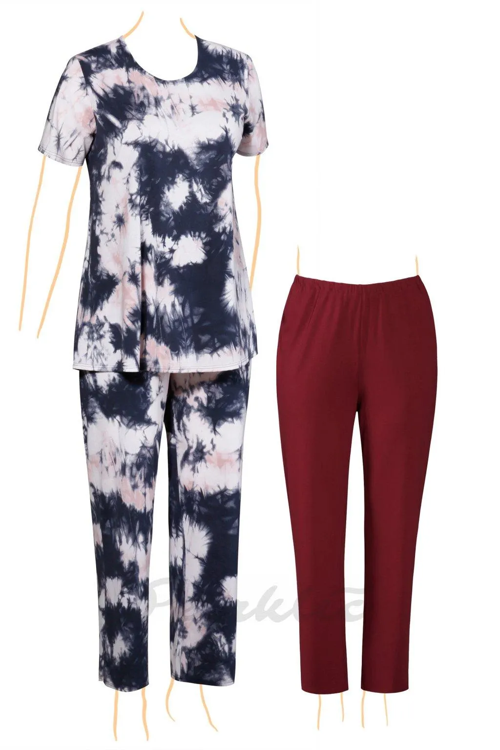 Domácí komplet halenka SIDONA šedorůžová batika + bordó kalhoty