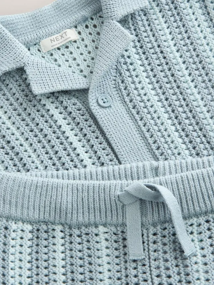 Modrá - Háčkovaná pletená souprava s krátkým rukávem a kraťasy Košile (3měsíců -10let)