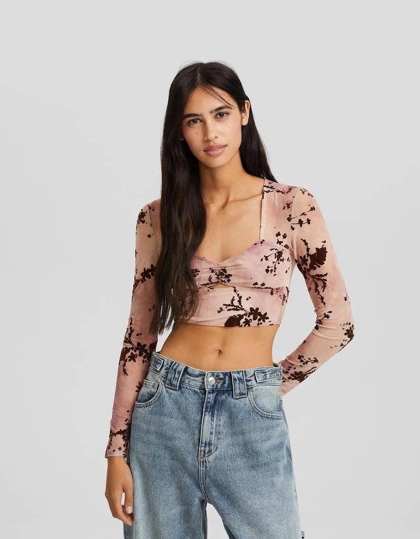 Tylové tričko s květinovým potiskem