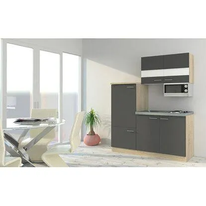 Respekta Kuchyně Luis šedá/dub 160 cm-dřez+varná deska, lednice, mikrovlnka