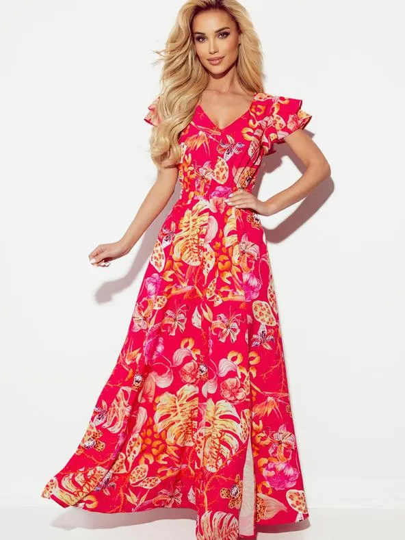 Dlouhé šaty s výstřihem a volánkami - růžové s květinami Numoco LIDIA