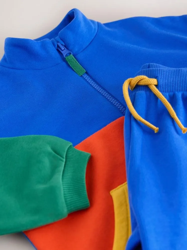 Zelené/Modré barevné bloky - Sada mikiny na zip se stojatým límcem a jogger kalhoty (3měsíců -7let)