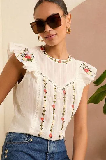 Love & Roses Embroidered Flutter Sleeve Shell Top