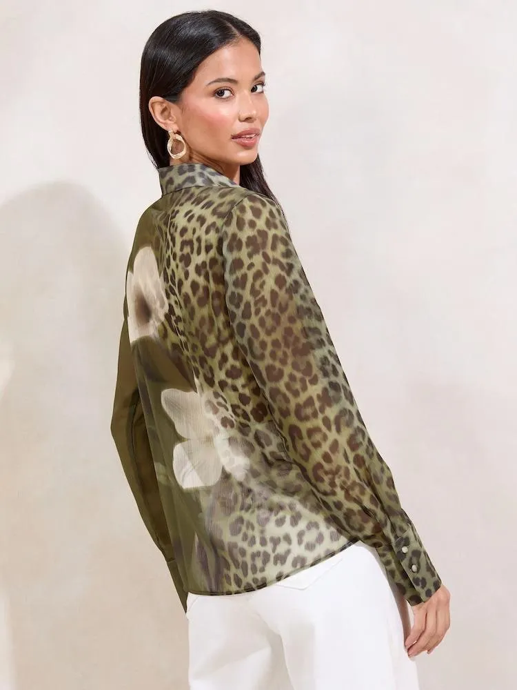Khaki zelená se zvířecím vzorem - Lipsy šifon Košile s potiskem